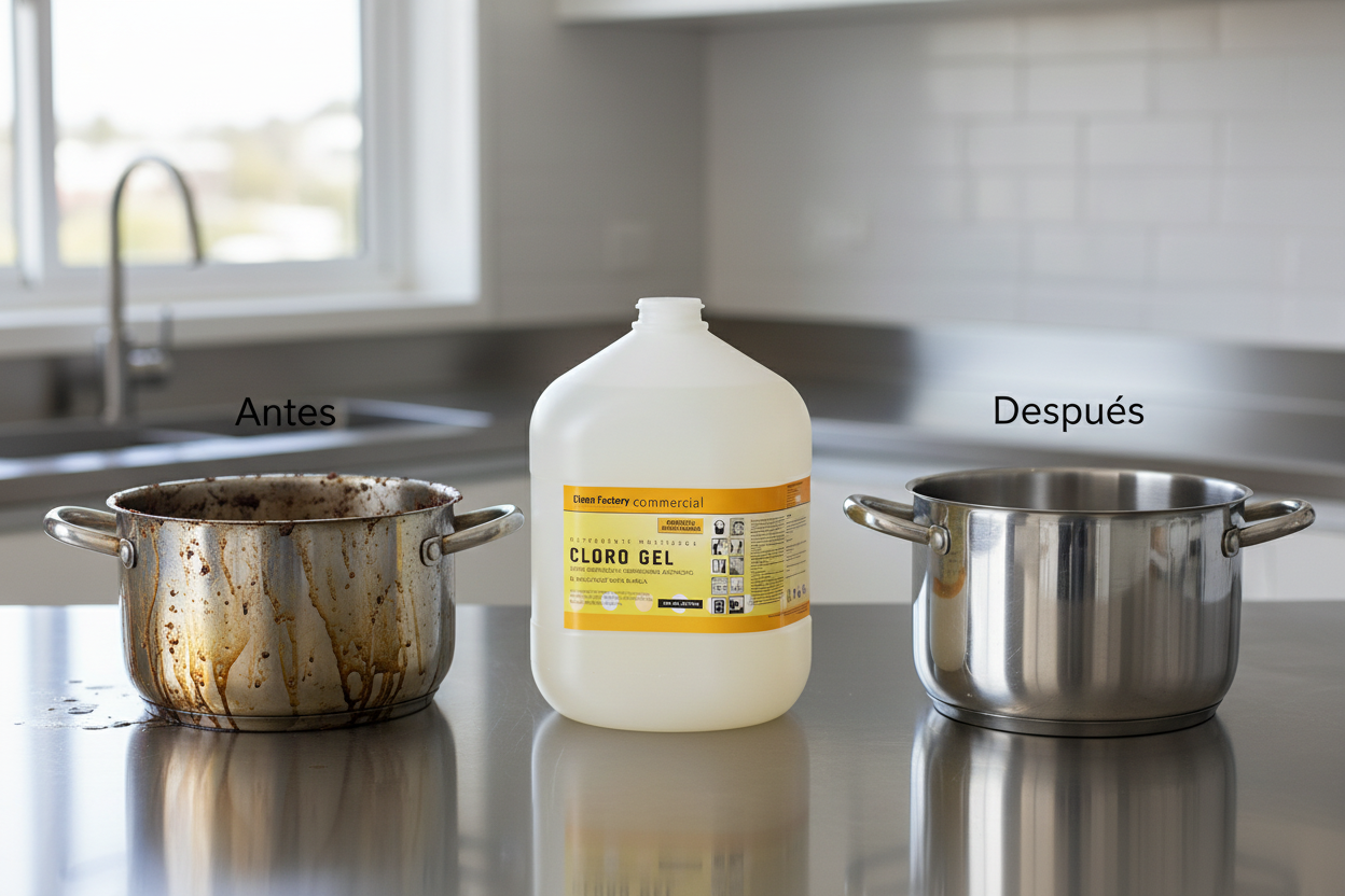 Clorogel antes y después en mesa de acero inoxidable
